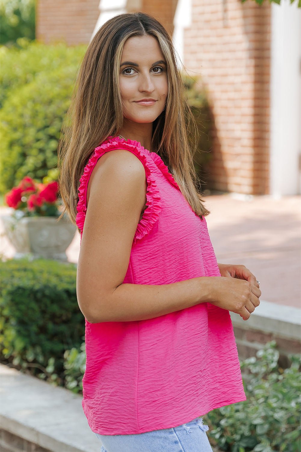 Beige Frilled Trim V Neck Tank Top | Dia&Popo