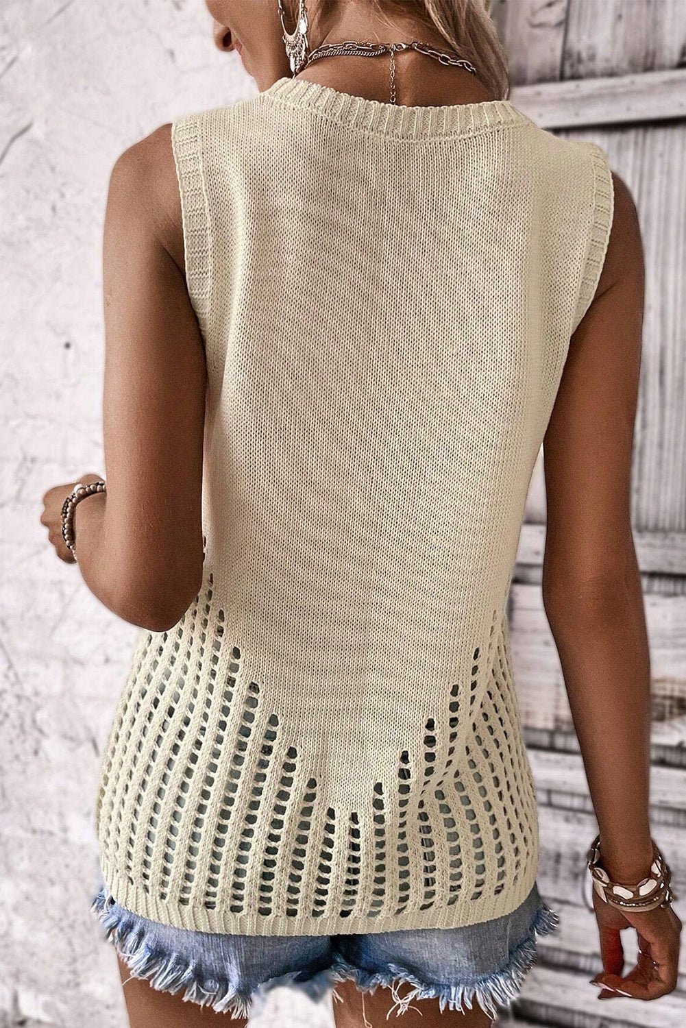 Beige Pointelle Detail Solid Color Knit Sweater Vest | Dia&Popo