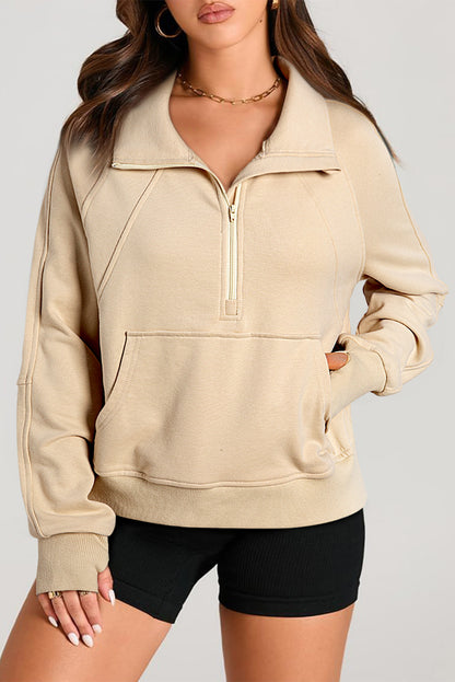 Light Grey Quarter Zip Stand Neck Kangaroo Pocket Sweatshirt