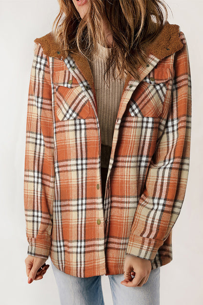 Khaki Plaid Pattern Sherpa Lined Hooded Shacket