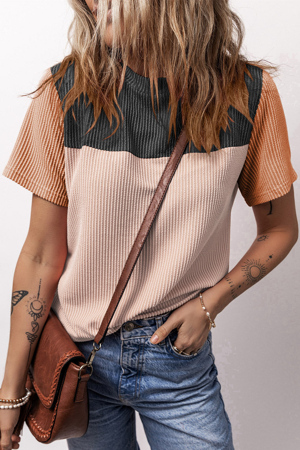 Pink Rib Textured Colorblock T Shirt