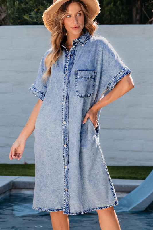 Light Blue Loose Medium Wash Short Sleeve Shirt Chambray Dress