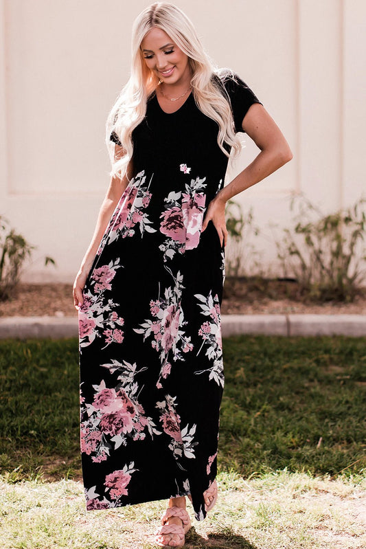 Black Contrast Floral Empire Waist Maxi Dress | Dia&Popo