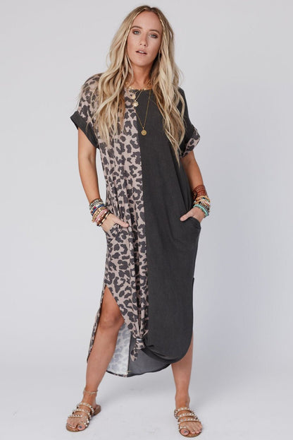 Black Contrast Solid Leopard Short Sleeve T-shirt Dress with Slits | Dia&Popo