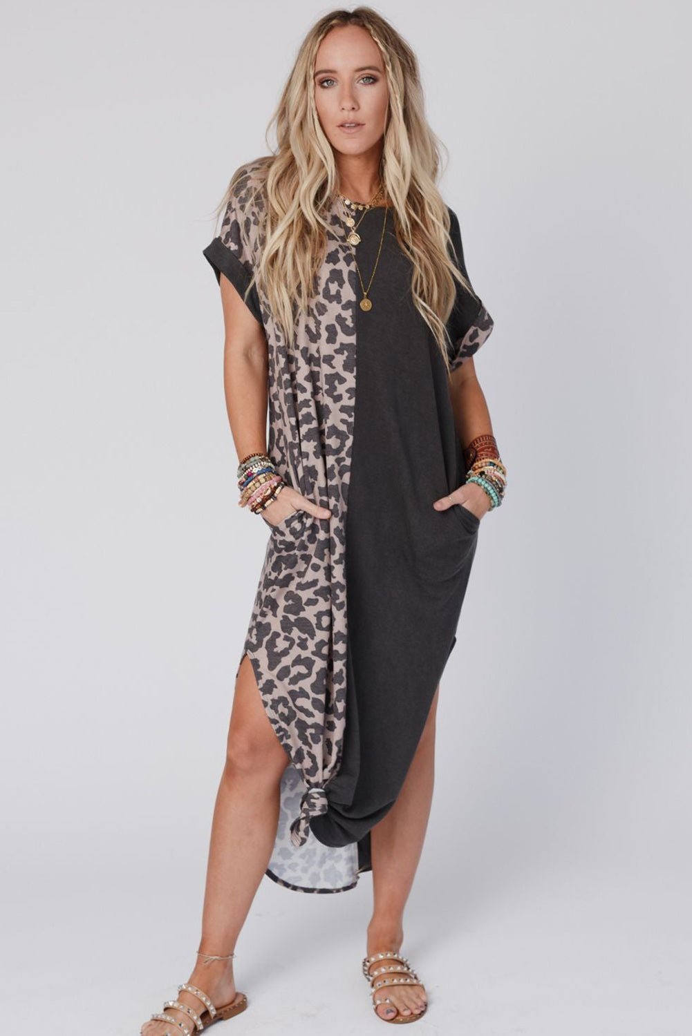 Black Contrast Solid Leopard Short Sleeve T-shirt Dress with Slits | Dia&Popo