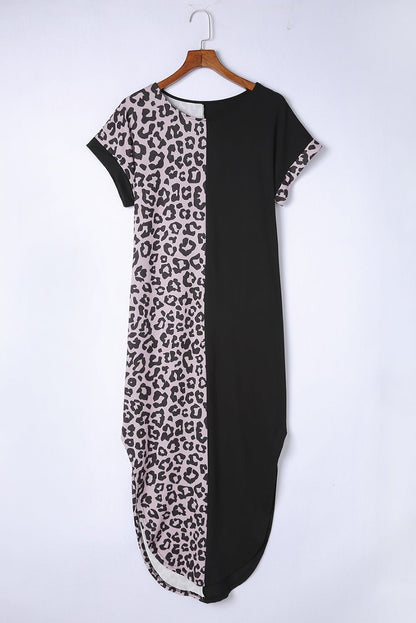 Black Contrast Solid Leopard Short Sleeve T-shirt Dress with Slits | Dia&Popo