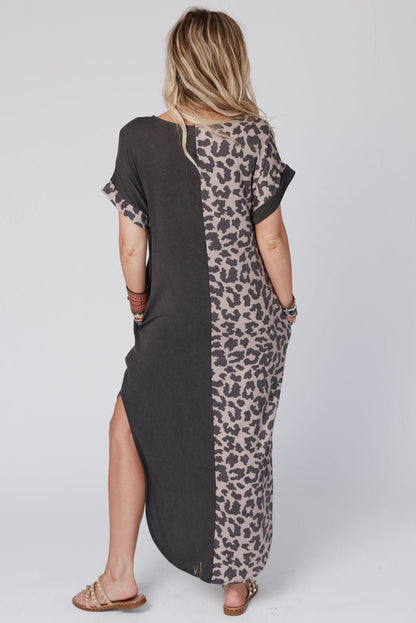 Black Contrast Solid Leopard Short Sleeve T-shirt Dress with Slits | Dia&Popo