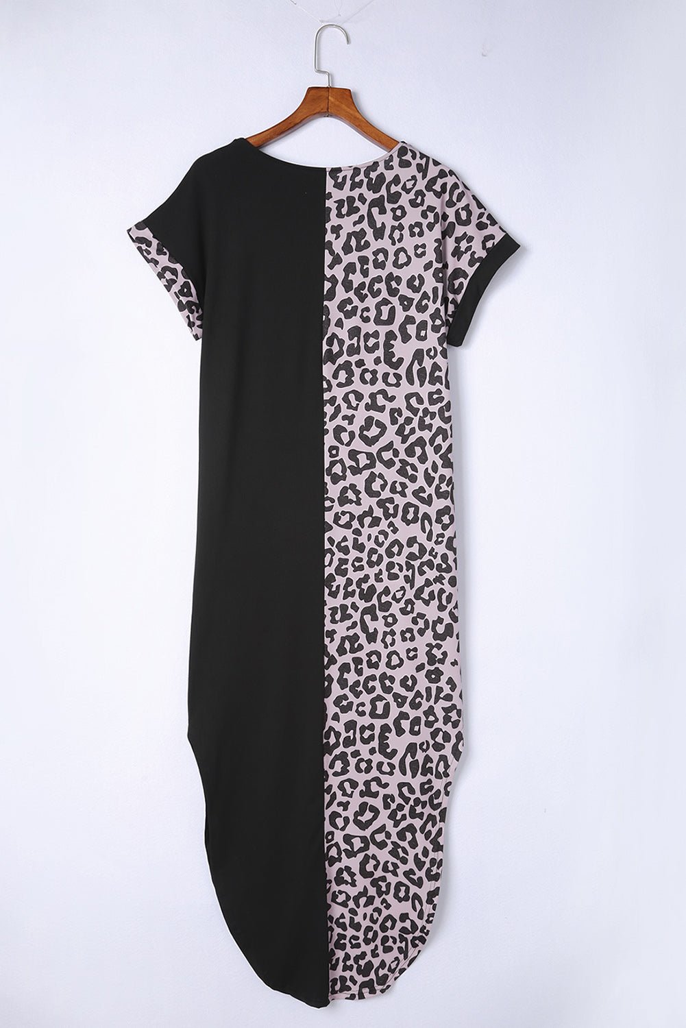 Black Contrast Solid Leopard Short Sleeve T-shirt Dress with Slits | Dia&Popo