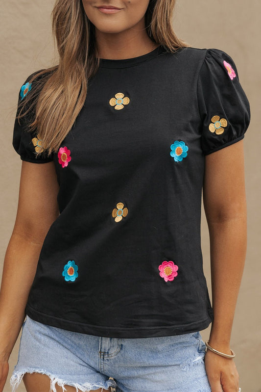 Black Embroidered Flower Short Puff Sleeve Tee | Dia&Popo