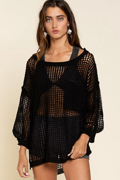 Black Fishnet Hollow-out Long Sleeve Beach Cover up | Dia&Popo