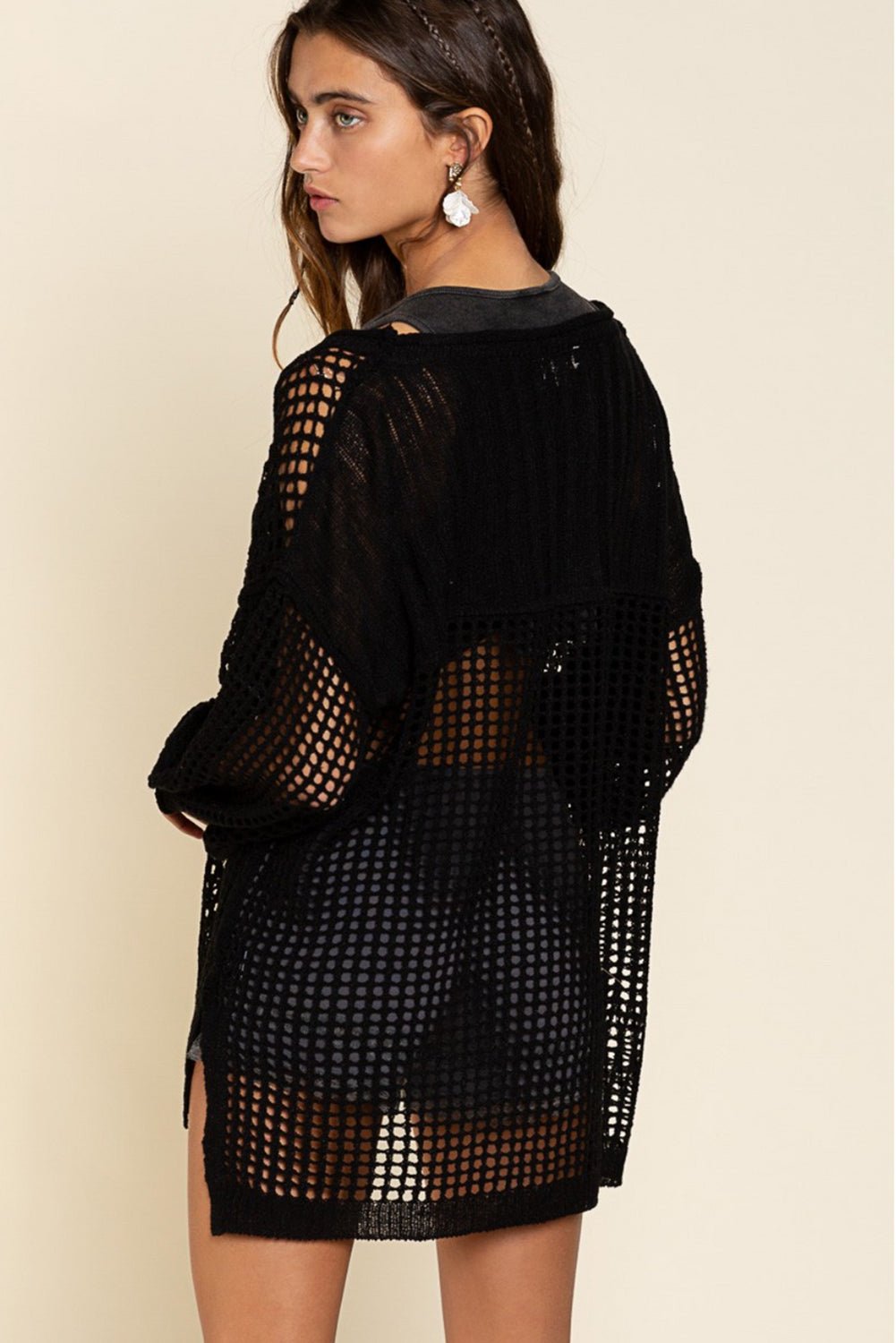 Black Fishnet Hollow-out Long Sleeve Beach Cover up | Dia&Popo