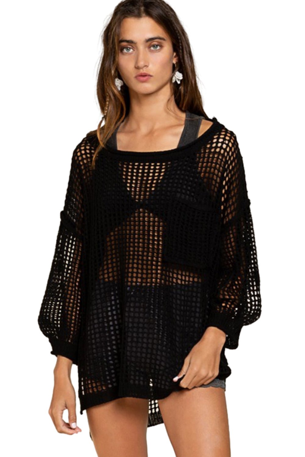 Black Fishnet Hollow-out Long Sleeve Beach Cover up | Dia&Popo