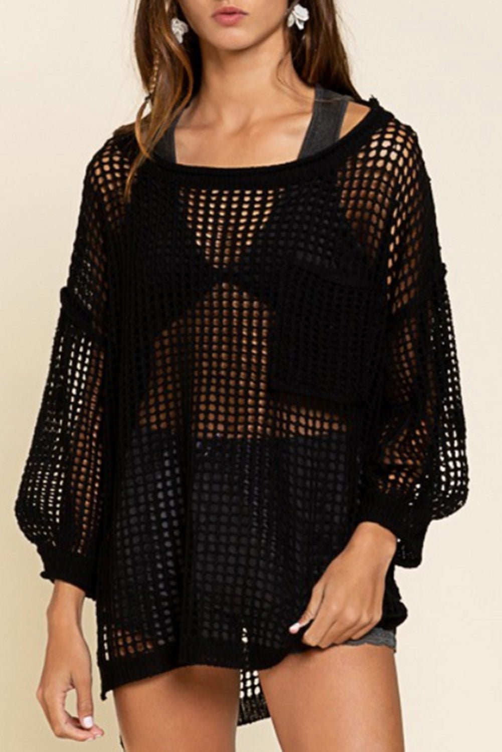 Black Fishnet Hollow-out Long Sleeve Beach Cover up | Dia&Popo