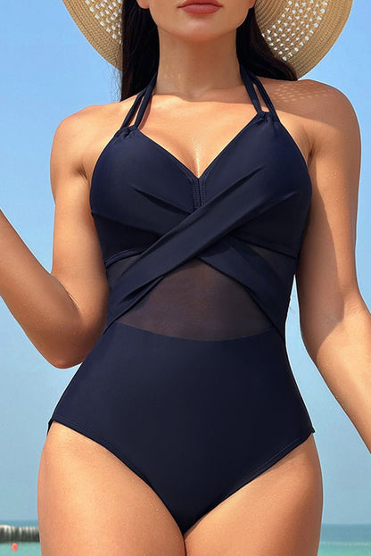 Black Halter Mesh Insert Cross Front One-Piece Swimsuit | Dia&Popo