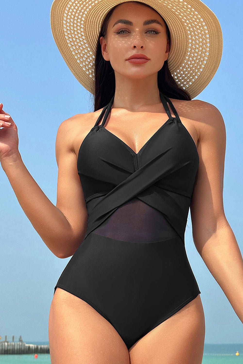 Black Halter Mesh Insert Cross Front One-Piece Swimsuit | Dia&Popo