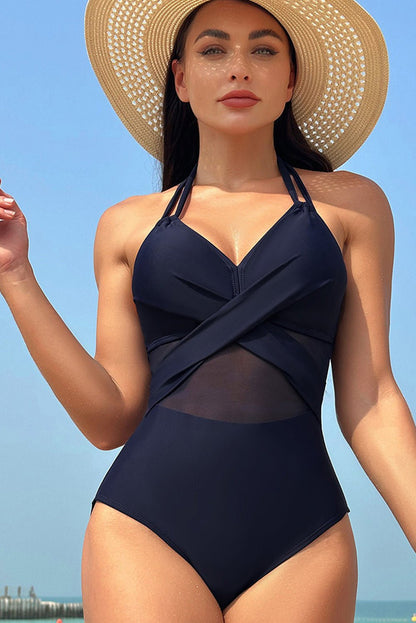 Black Halter Mesh Insert Cross Front One-Piece Swimsuit | Dia&Popo