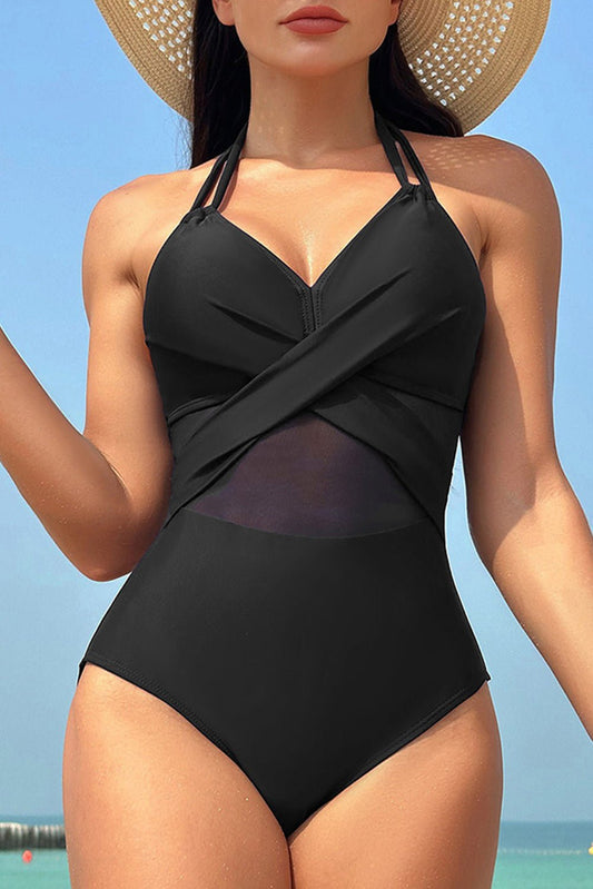 Black Halter Mesh Insert Cross Front One-Piece Swimsuit | Dia&Popo