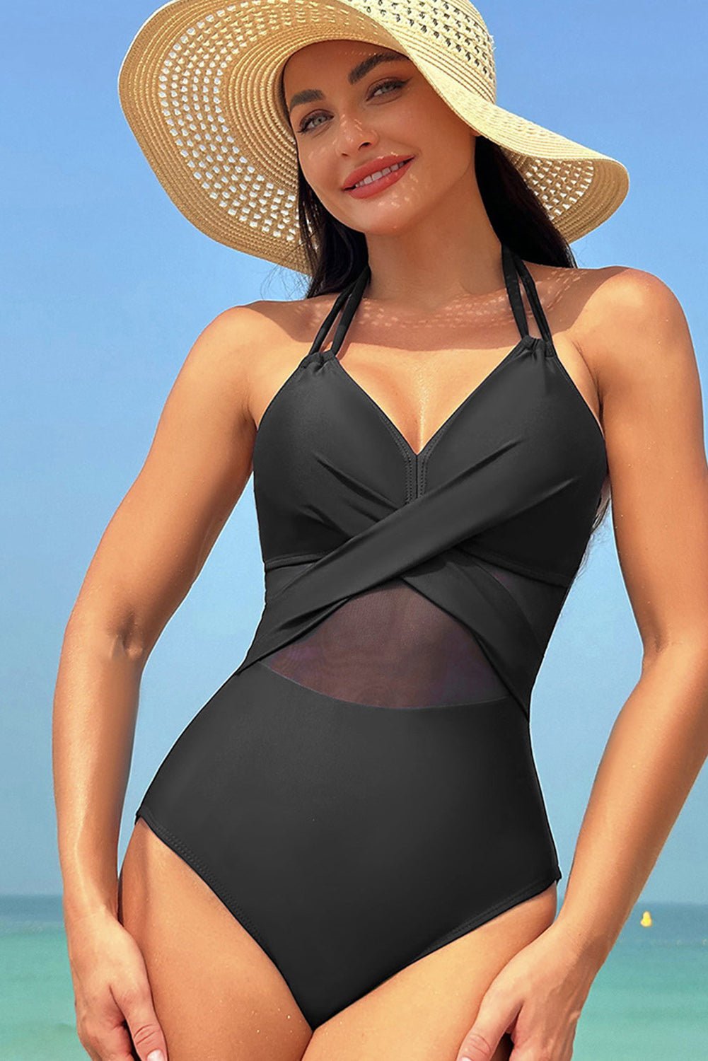 Black Halter Mesh Insert Cross Front One-Piece Swimsuit | Dia&Popo