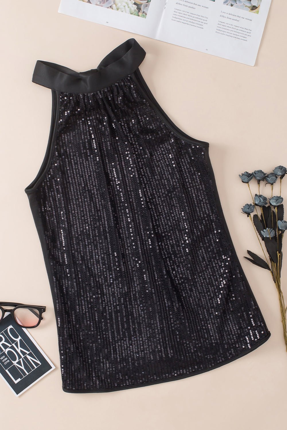 Black Keyhole Tie Back Sequined Tank Top | Dia&Popo