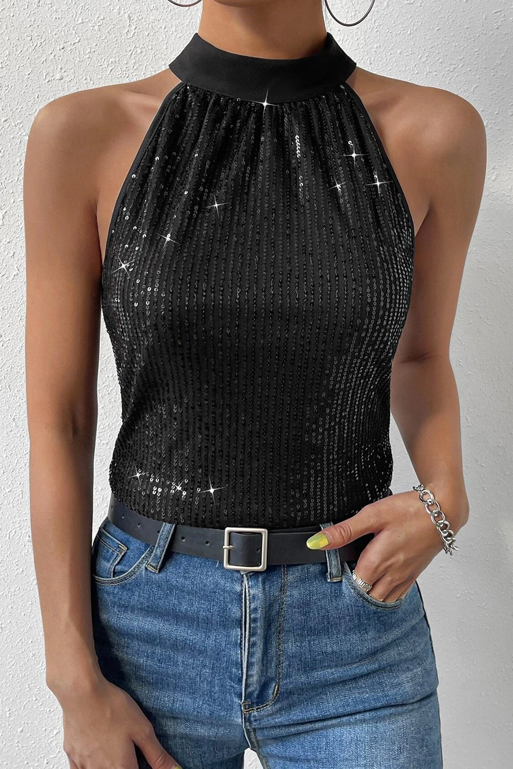 Black Keyhole Tie Back Sequined Tank Top | Dia&Popo