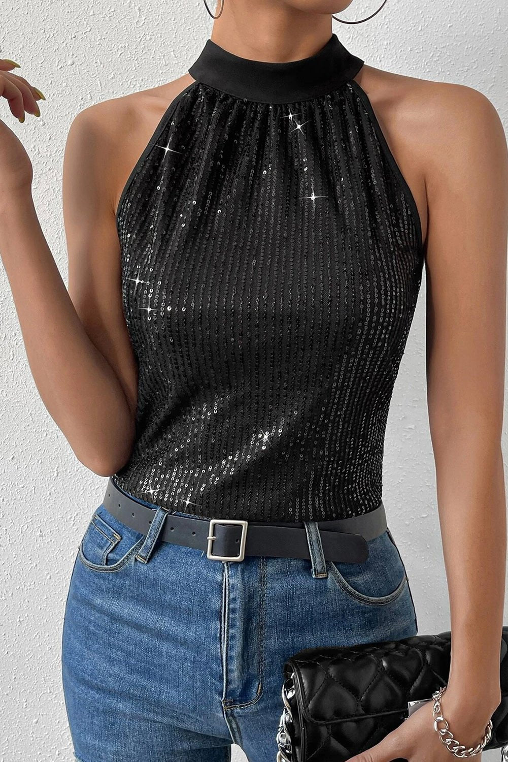 Black Keyhole Tie Back Sequined Tank Top | Dia&Popo