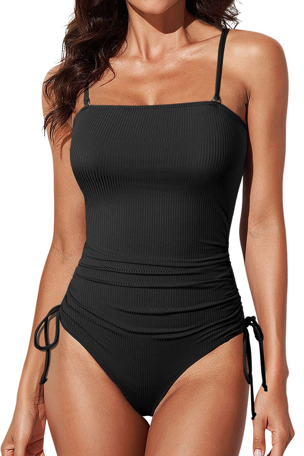 Black Ribbed Drawstring Sides Cutout One Piece Swimsuit | Dia&Popo