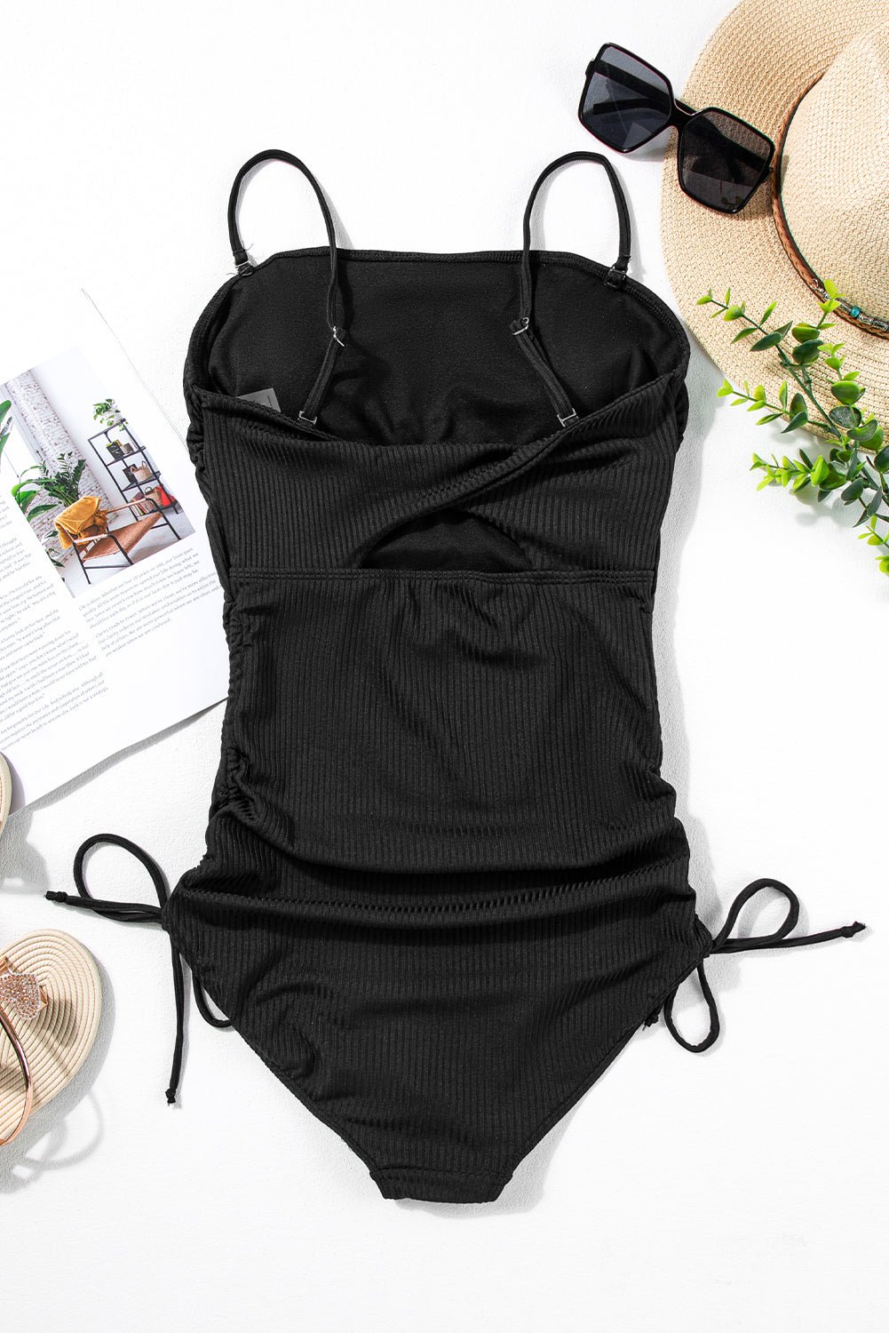 Black Ribbed Drawstring Sides Cutout One Piece Swimsuit | Dia&Popo