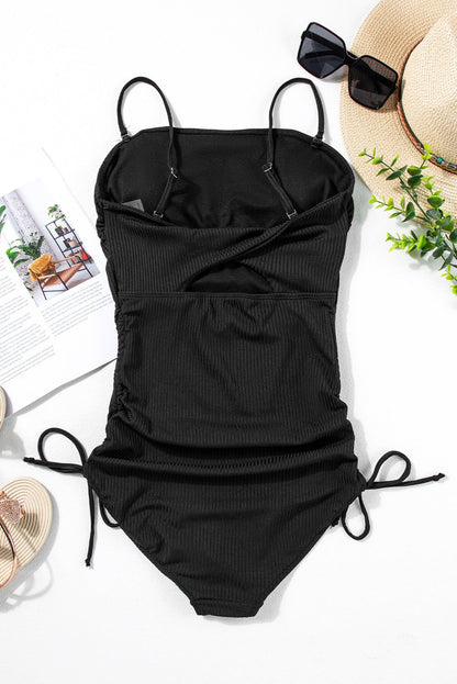 Black Ribbed Drawstring Sides Cutout One Piece Swimsuit | Dia&Popo