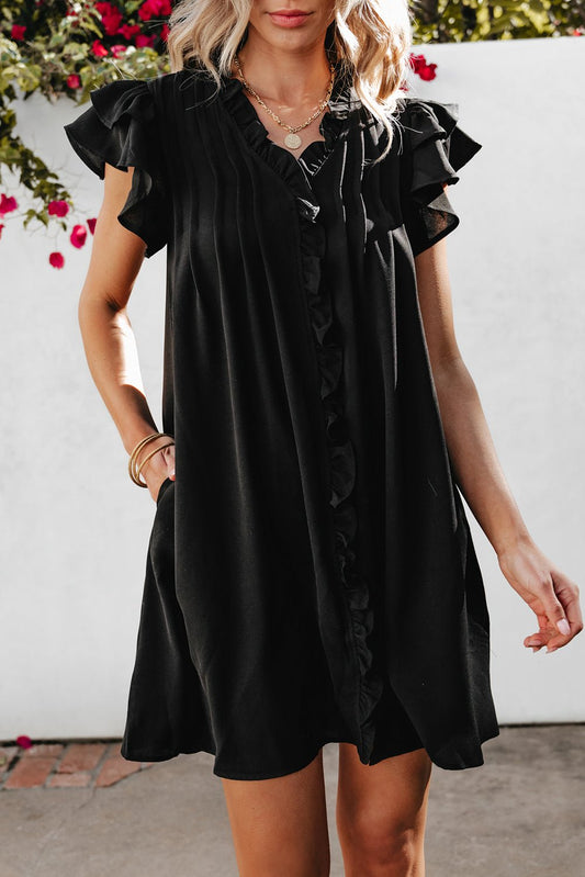 Black Ruffle Sleeve V Neck Frilled Shift Dress | Dia&Popo