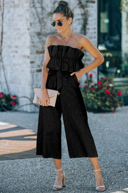 Black Ruffled Strapless Wide Leg Jumpsuit | Dia&Popo