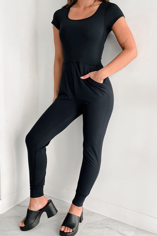 Black Short Sleeve Pocket Jogger Bottom Athleisure Jumpsuit | Dia&Popo