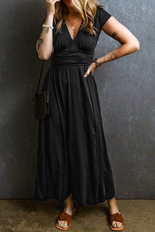 Black Short Sleeve Shirred High Waist V Neck Maxi Dress | Dia&Popo