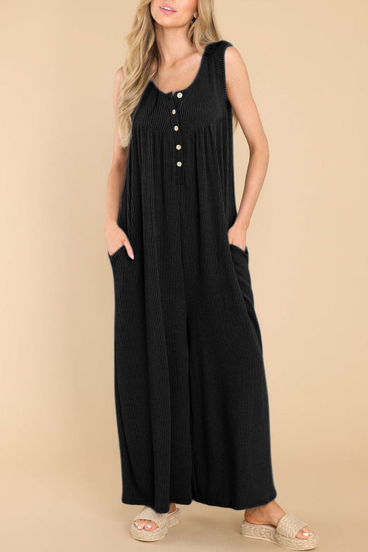 Black Sleeveless Buttons Wide Leg Rib Knit Jumpsuit | Dia&Popo