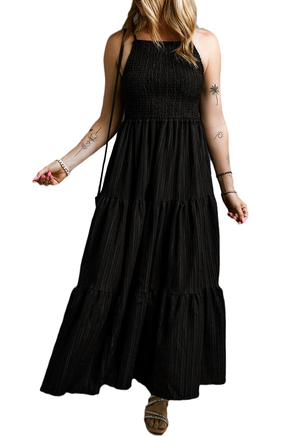 Black Spaghetti Straps Smocked Pleated Tiered Maxi Dress | Dia&Popo