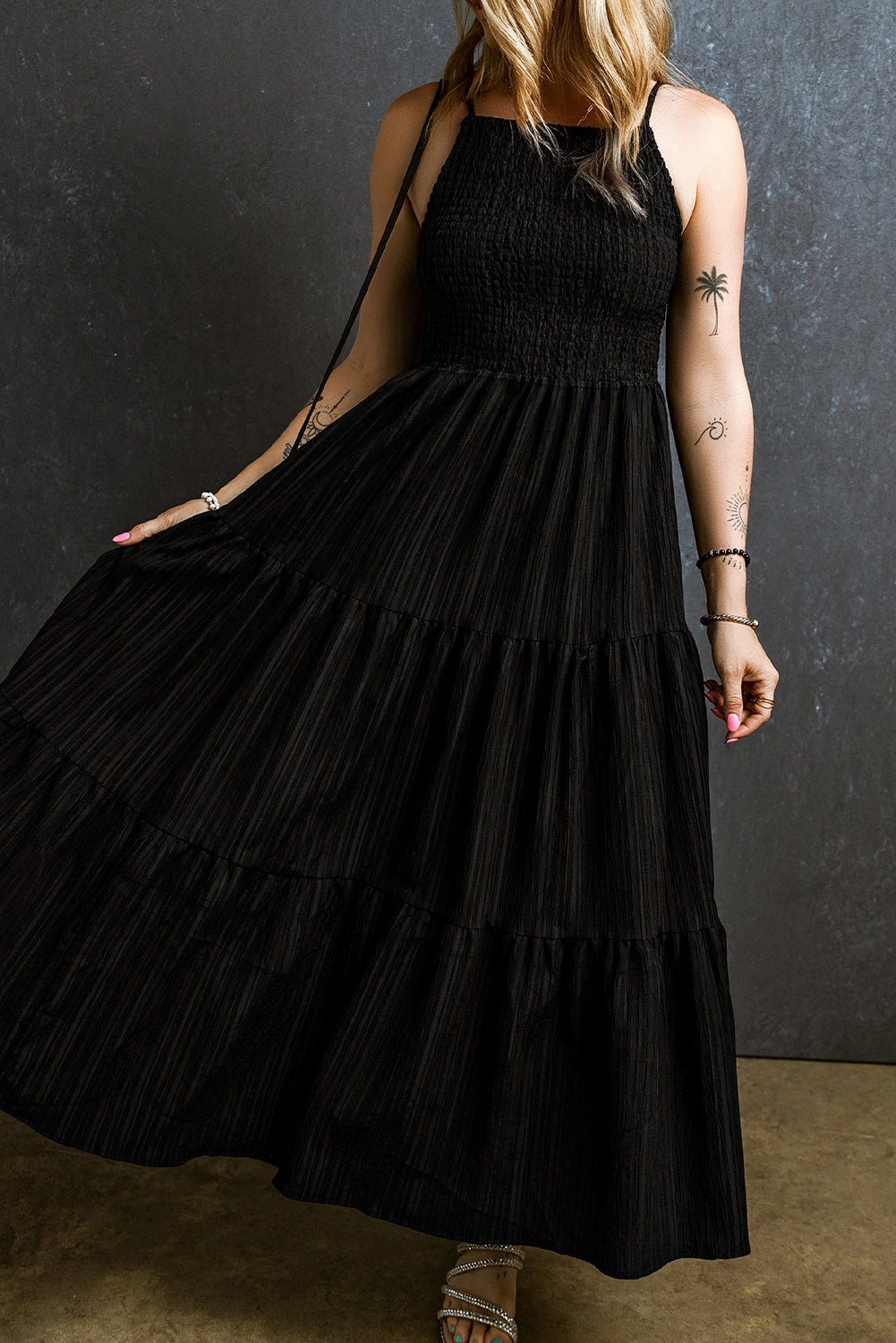 Black Spaghetti Straps Smocked Pleated Tiered Maxi Dress | Dia&Popo