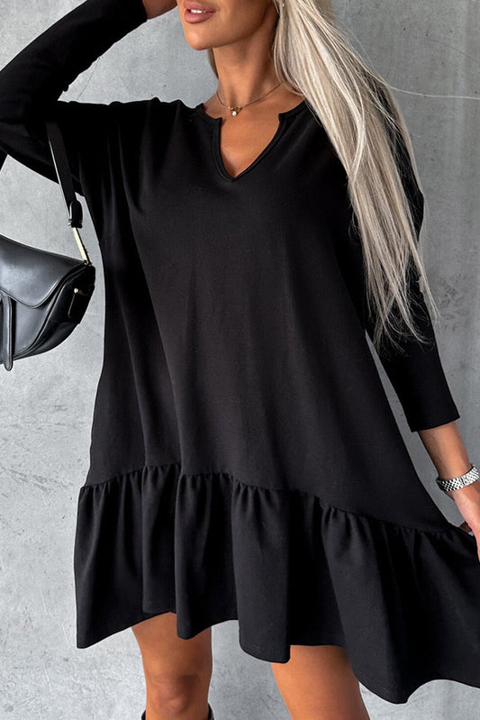 Black Split Neck Long Sleeve Ruffled Loose Dress | Dia&Popo