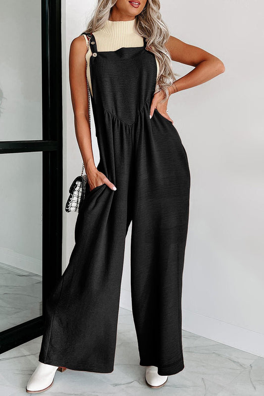 Black Textured Buttoned Straps Ruched Wide Leg Jumpsuit | Dia&Popo