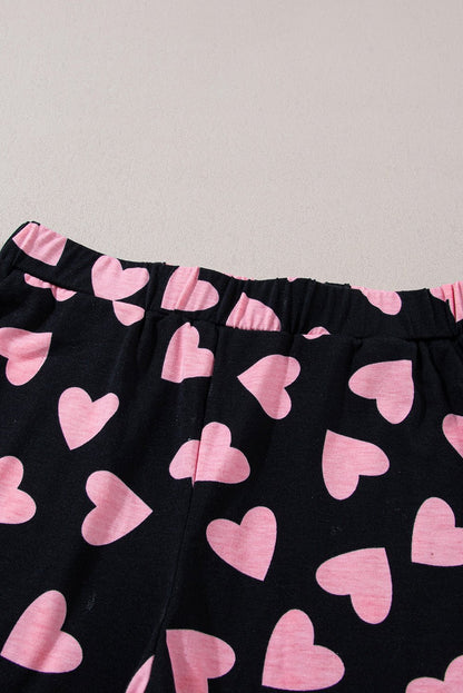 Black Valentine Heart Shape Print Long Sleeve Top Shorts Lounge Set | Dia&Popo