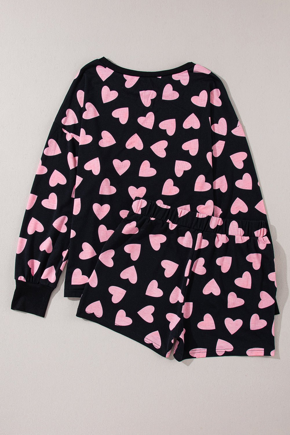 Black Valentine Heart Shape Print Long Sleeve Top Shorts Lounge Set | Dia&Popo