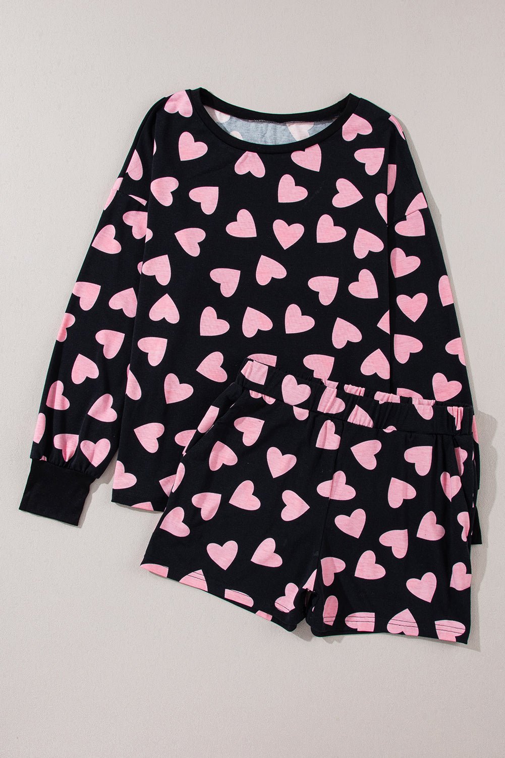 Black Valentine Heart Shape Print Long Sleeve Top Shorts Lounge Set | Dia&Popo