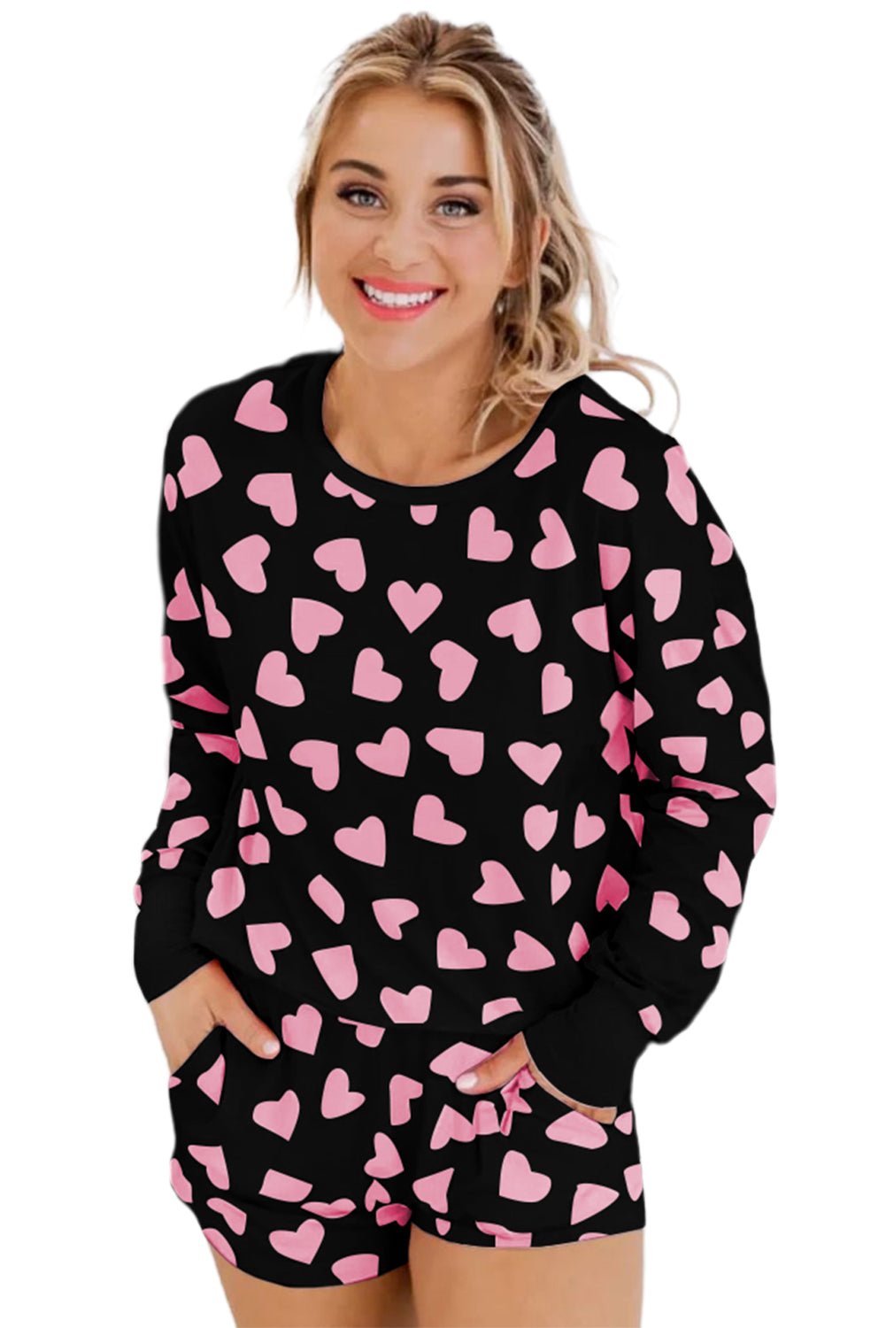 Black Valentine Heart Shape Print Long Sleeve Top Shorts Lounge Set | Dia&Popo