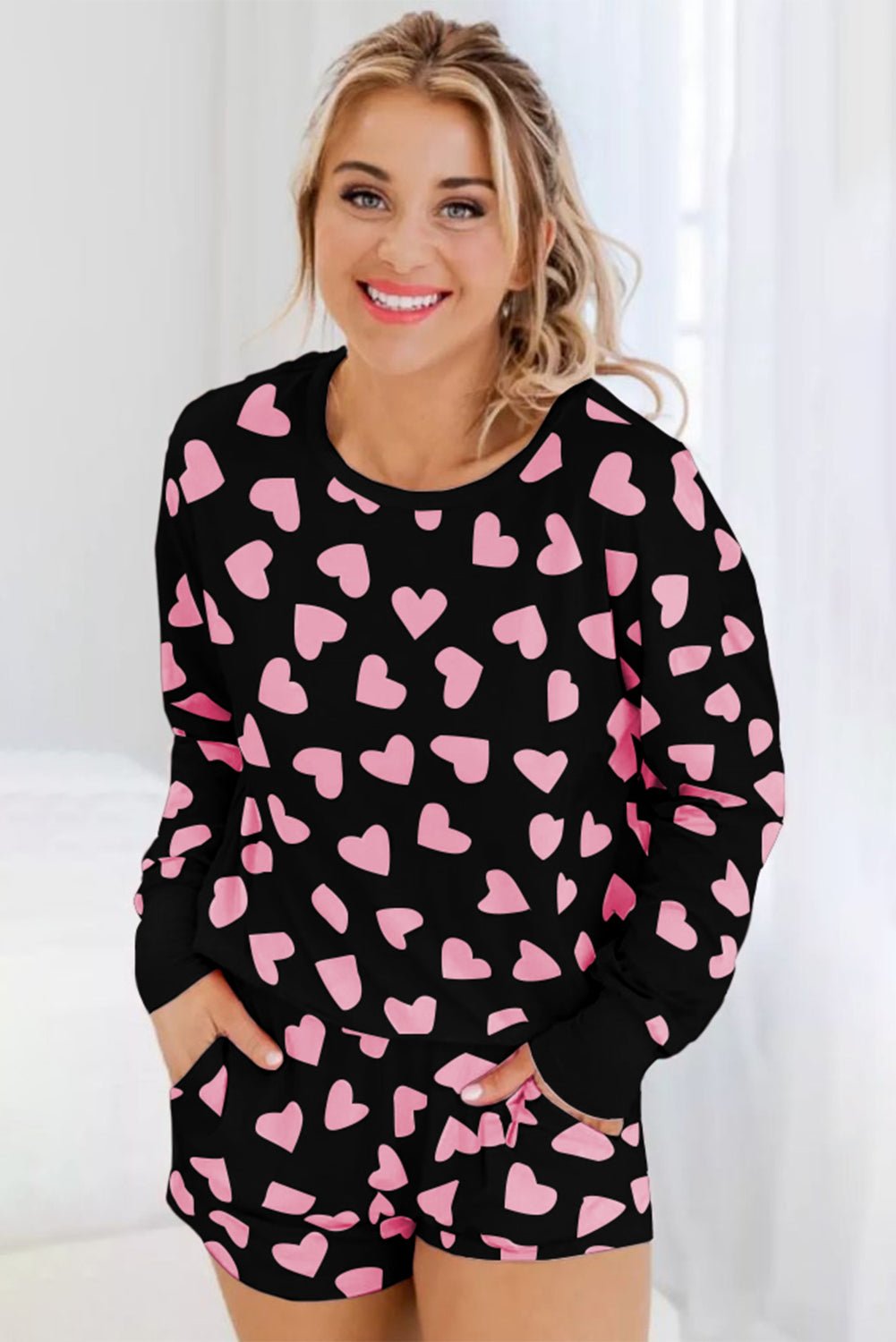 Black Valentine Heart Shape Print Long Sleeve Top Shorts Lounge Set | Dia&Popo