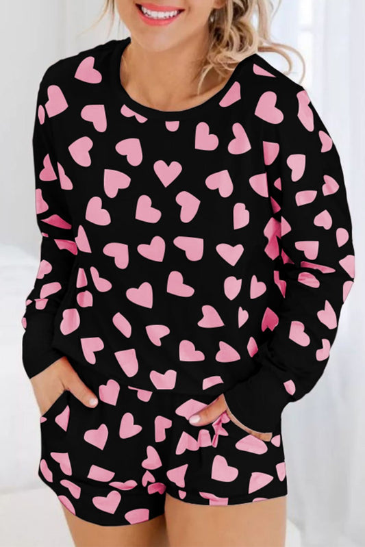 Black Valentine Heart Shape Print Long Sleeve Top Shorts Lounge Set | Dia&Popo