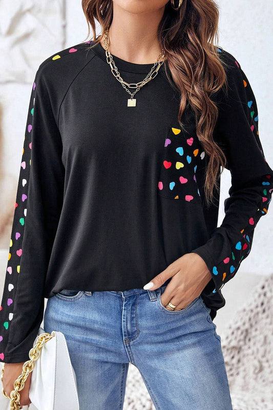 Black Valentine's Day Love Hearts Raglan Sleeve Top | Dia&Popo