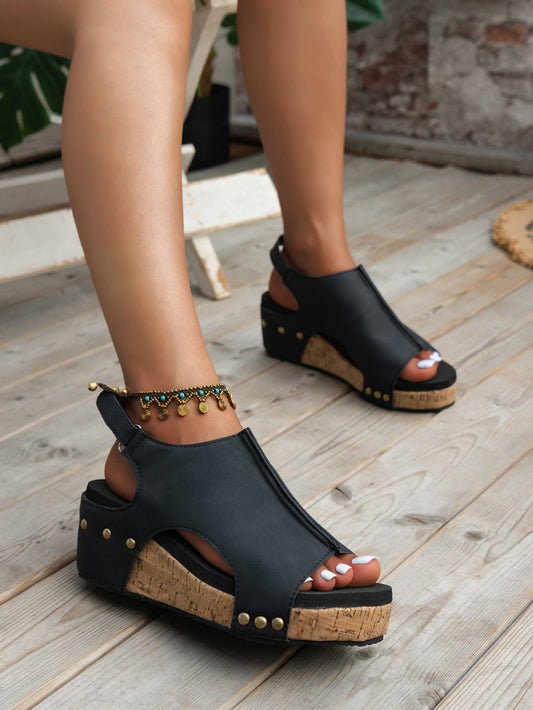 Black Vintage Leather Stitching Studded Wedge Sandals | Dia&Popo