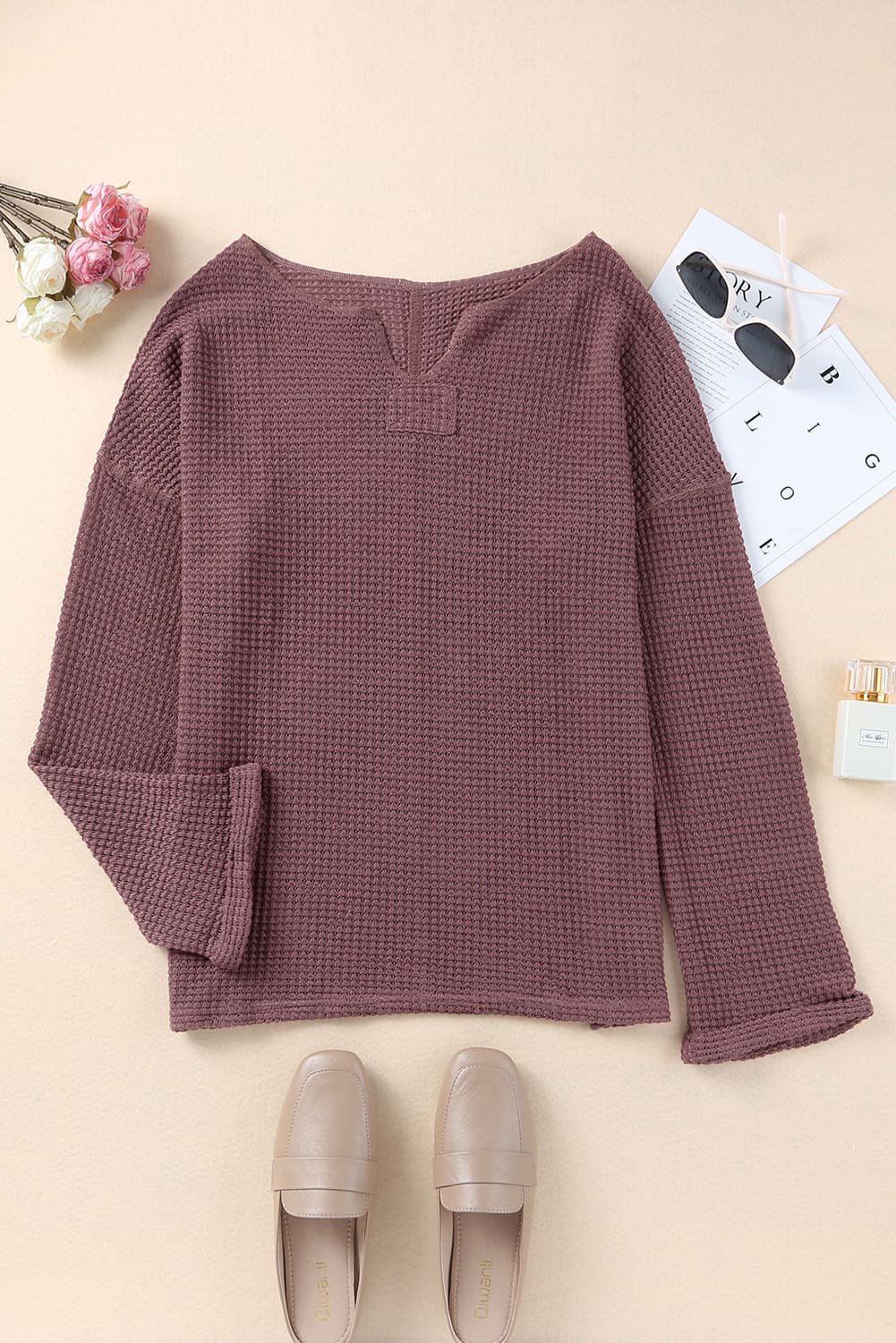 Black Waffle Knit Loose Long Sleeve Top | Dia&Popo