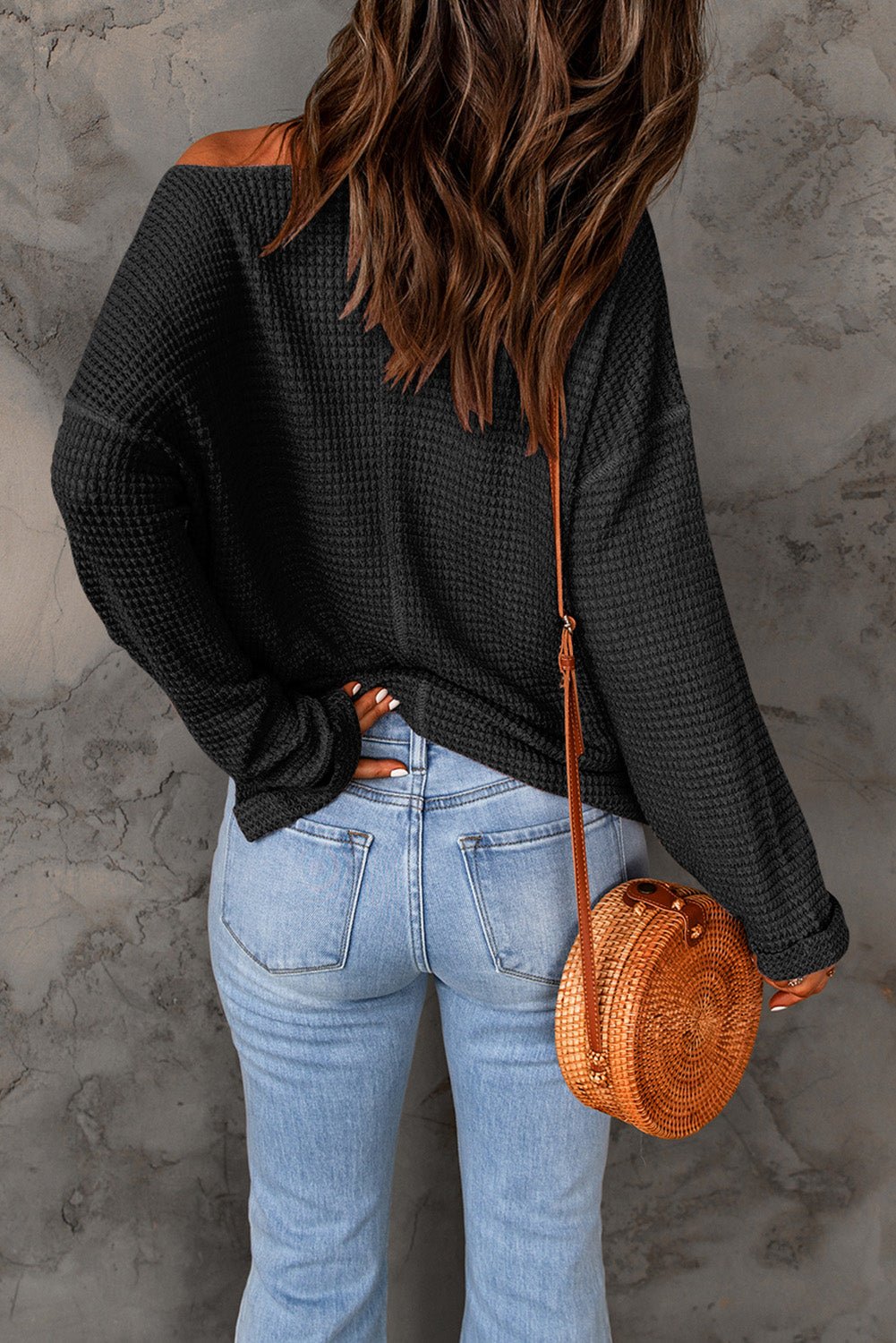 Black Waffle Knit Loose Long Sleeve Top | Dia&Popo