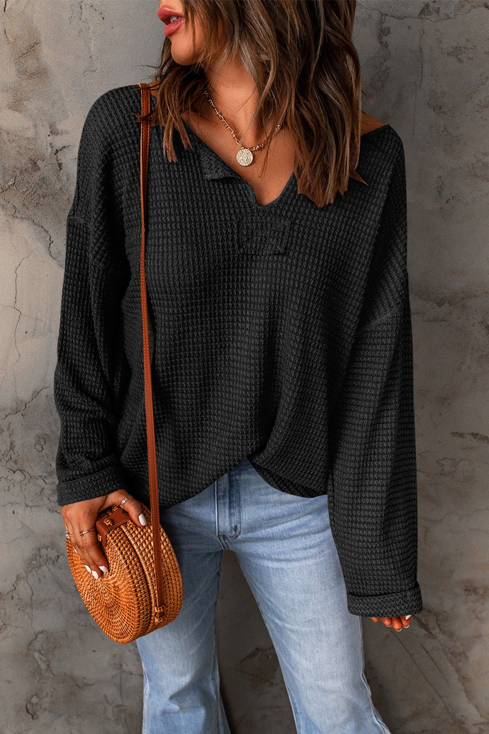 Black Waffle Knit Loose Long Sleeve Top | Dia&Popo