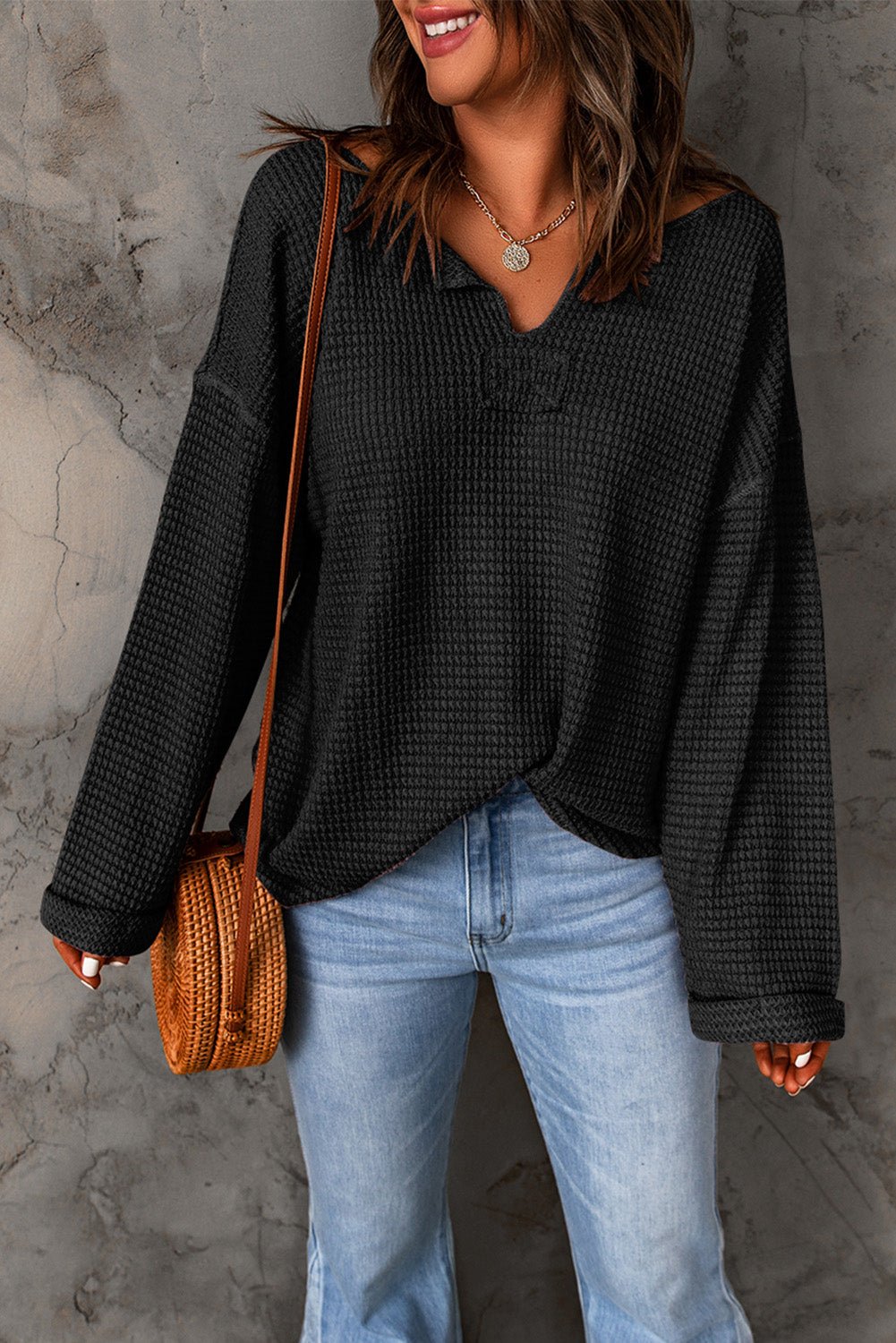 Black Waffle Knit Loose Long Sleeve Top | Dia&Popo