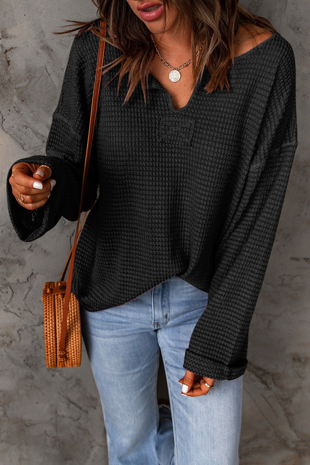 Black Waffle Knit Loose Long Sleeve Top | Dia&Popo